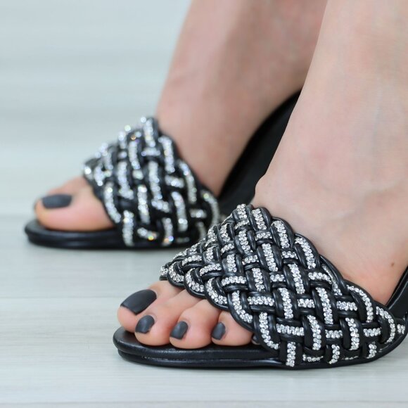 Black Heeled Braided Rhinestone Pattern Mule Open Toe High Heel Sandal - Picture 16 of 16